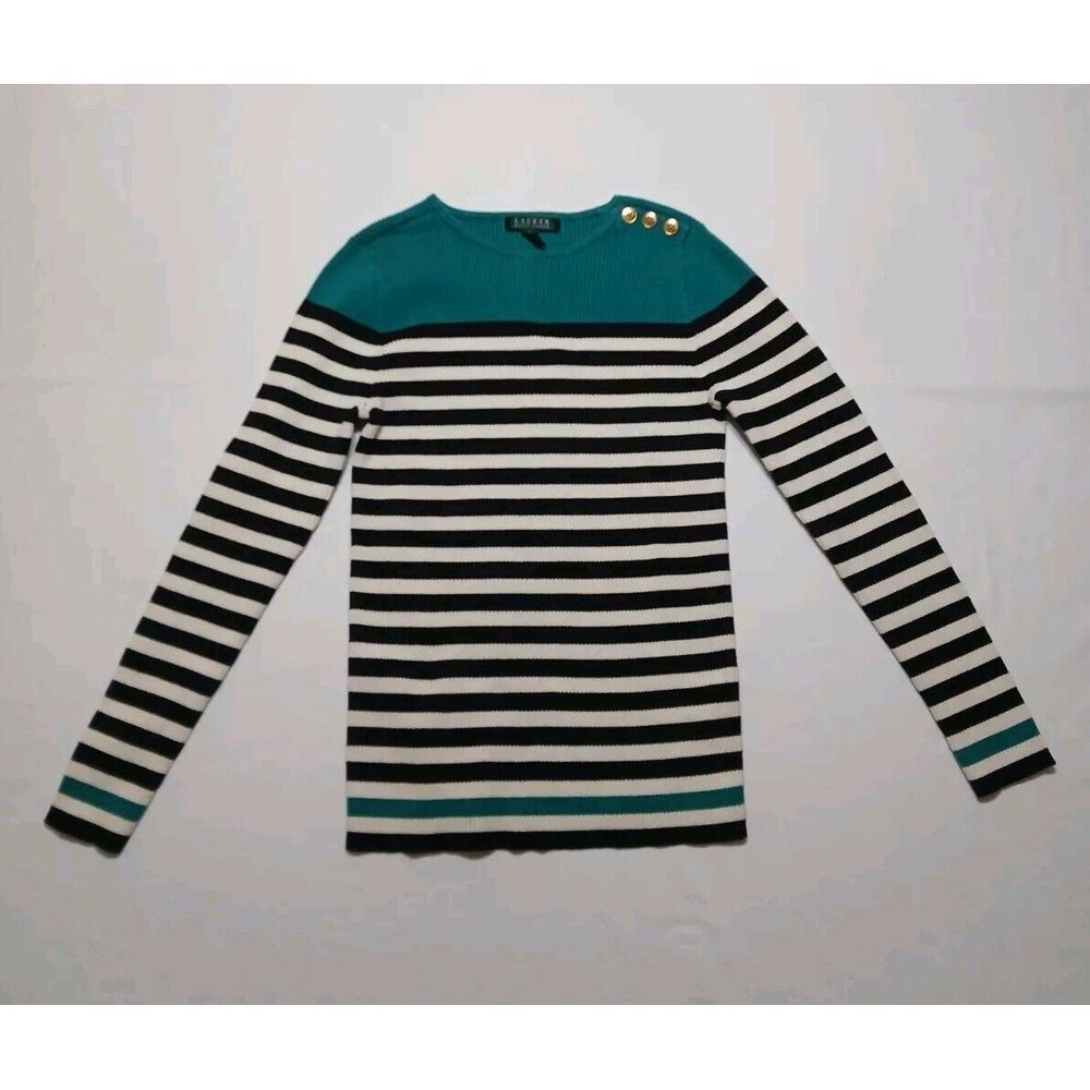 Lauren Ralph Lauren Rib Knit Sweater Women Medium Green Black Stripe Gold Button - Picture 2 of 8